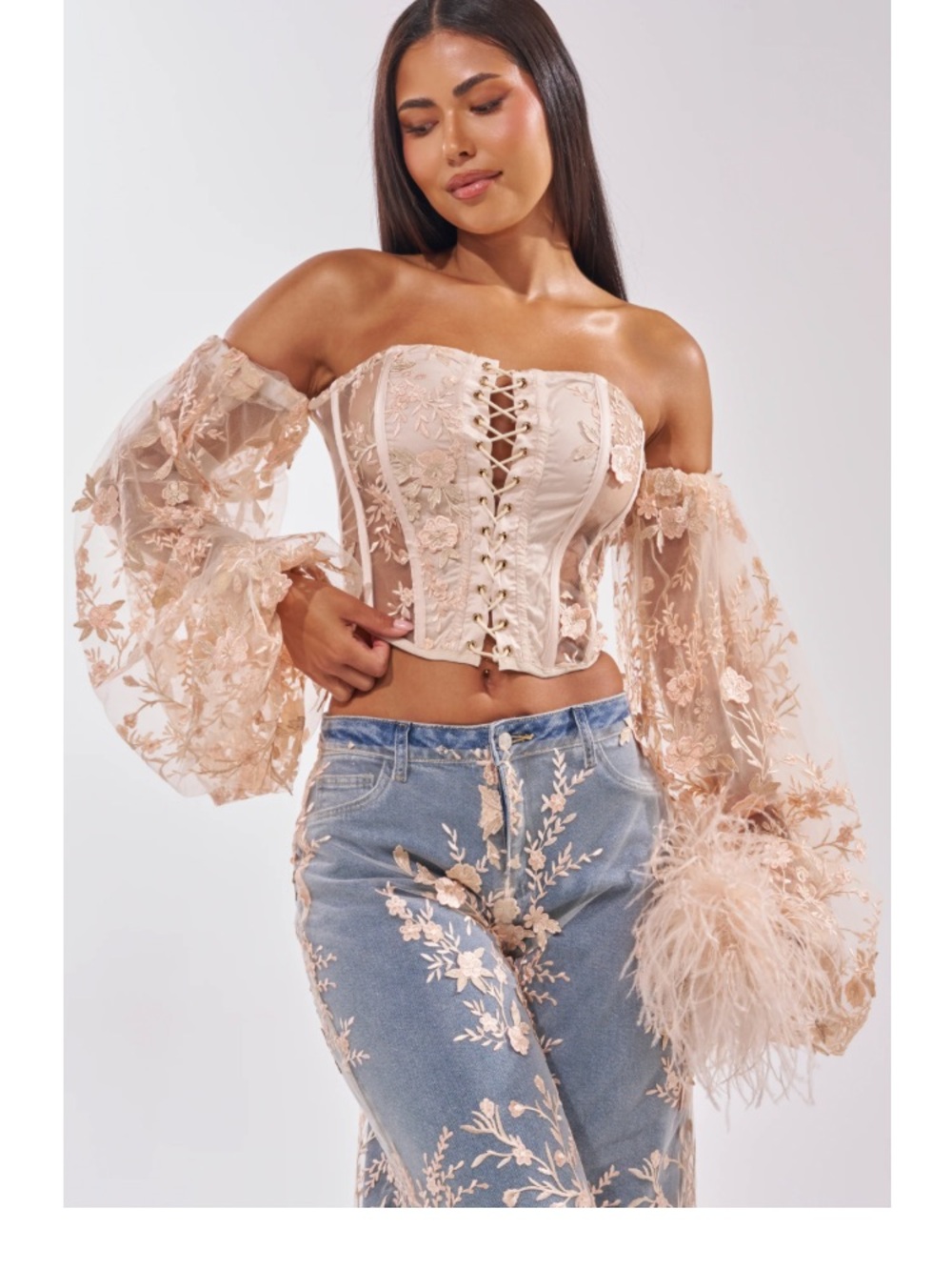 AKIRA Blush Lace-Up Off-Shoulder Embroidered Corset Crop Top